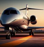 Airplane taking off at sunset scene ,generative artificial intelligence